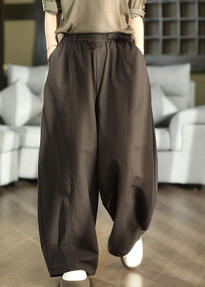 Fitted Brown Elastic Waist Cotton Wide Leg Pants Fall