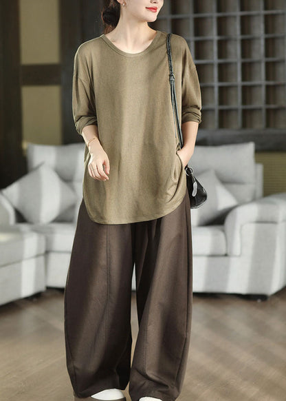 Fitted Brown Elastic Waist Cotton Wide Leg Pants Fall