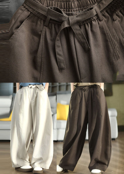 Fitted Brown Elastic Waist Cotton Wide Leg Pants Fall