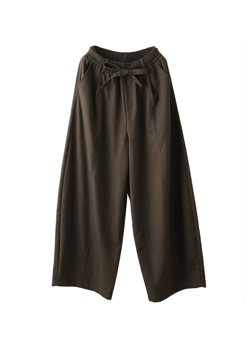 Fitted Brown Elastic Waist Cotton Wide Leg Pants Fall
