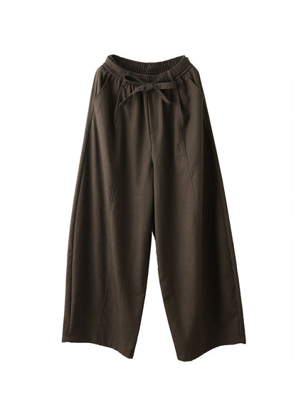Fitted Brown Elastic Waist Cotton Wide Leg Pants Fall