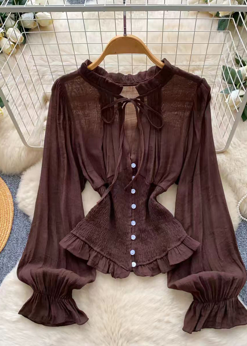 Fitted Brown Elastic Waist Wrinkled Cotton Blouses Summer