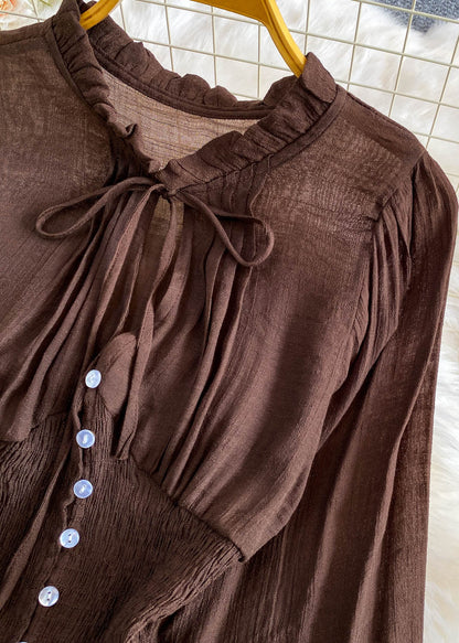 Fitted Brown Elastic Waist Wrinkled Cotton Blouses Summer