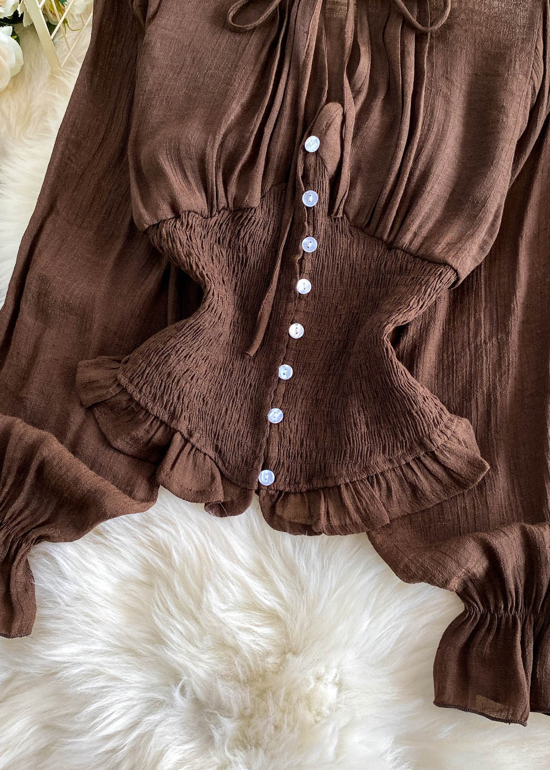 Fitted Brown Elastic Waist Wrinkled Cotton Blouses Summer