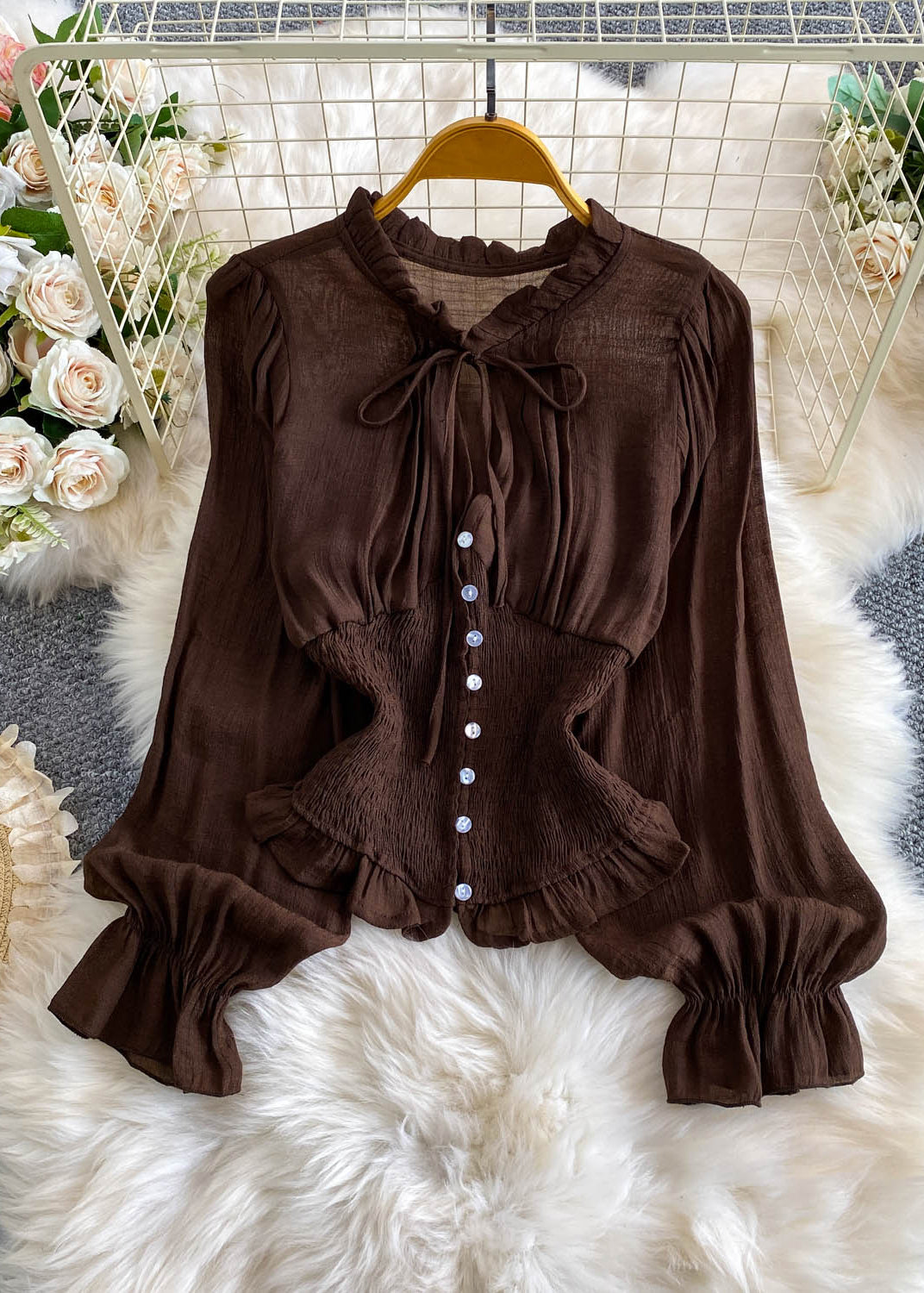 Fitted Brown Elastic Waist Wrinkled Cotton Blouses Summer