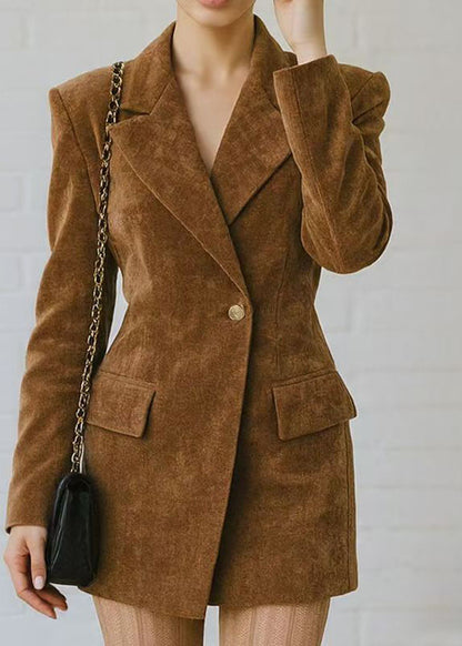 Fitted Brown Peter Pan Collar Button Cotton Suit Coat Fall