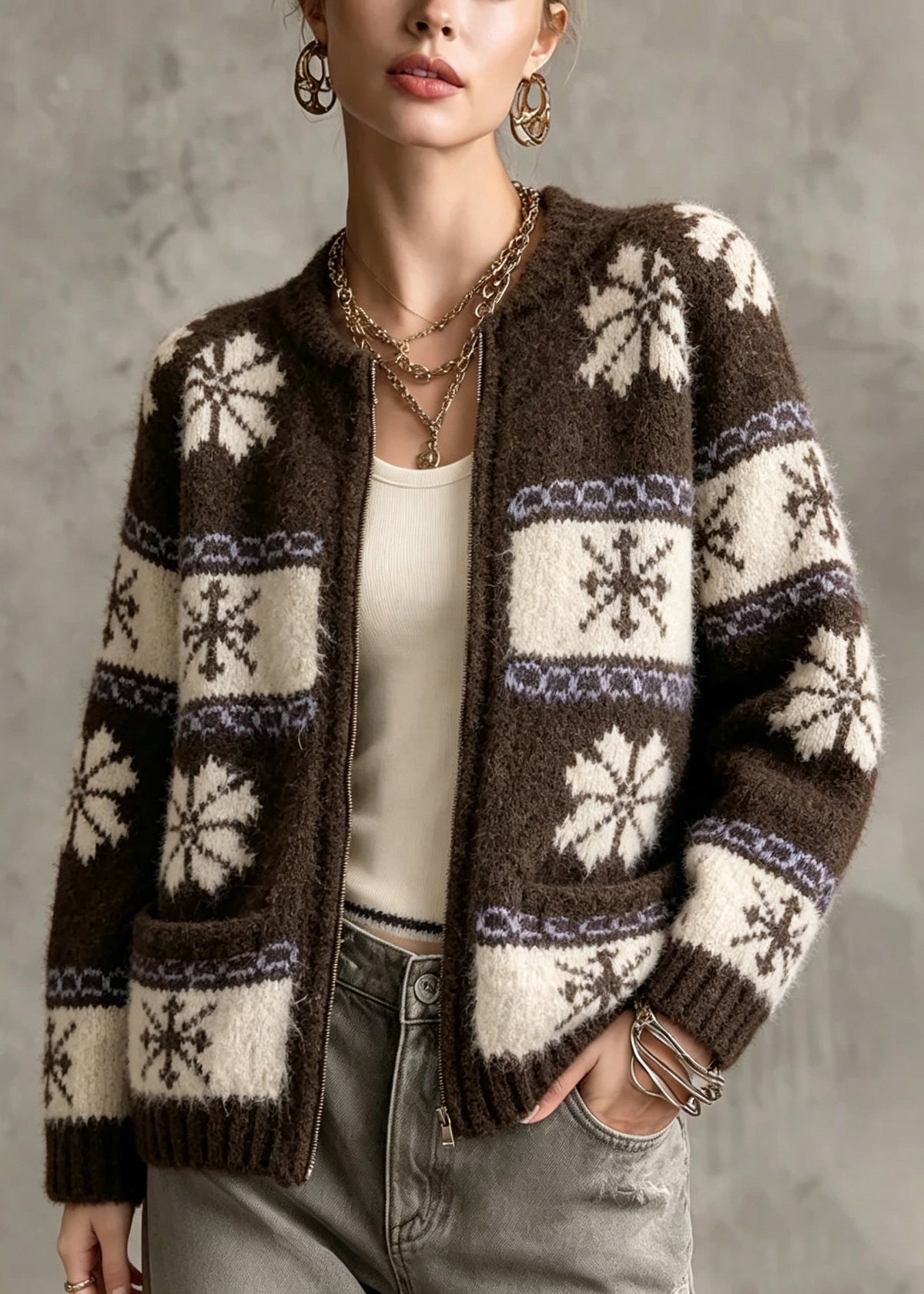 Fitted Brown Print Button Cotton Knit Cardigans Fall