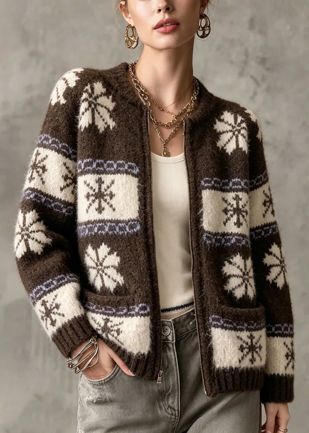 Fitted Brown Print Button Cotton Knit Cardigans Fall