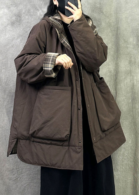 Fitted Brown Wear On Both Sides Pockets Fine Cotton Filled Hooded Coats Winter