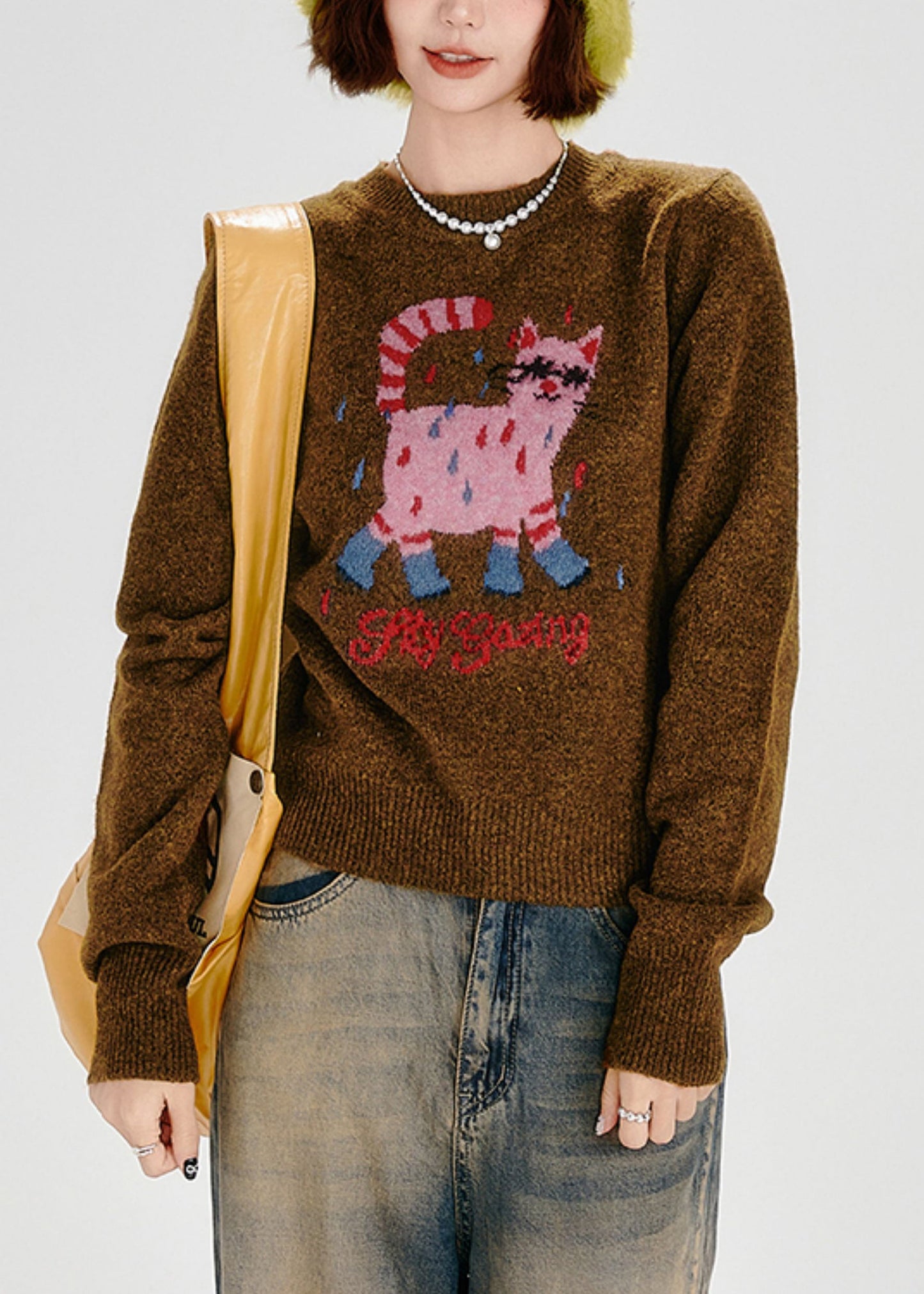 Fitted Caramel Embroidered Dog Thick Knit Sweater Tops Winter