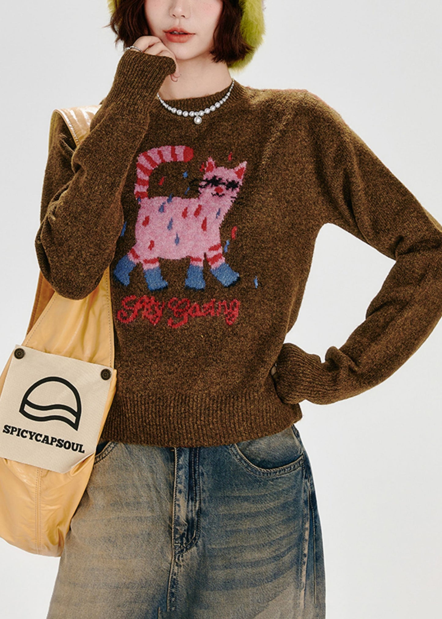 Fitted Caramel Embroidered Dog Thick Knit Sweater Tops Winter