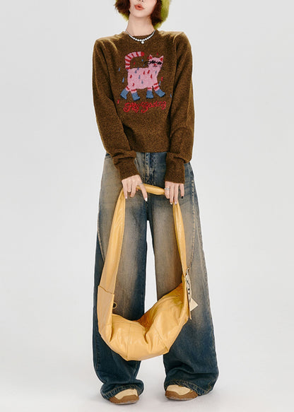 Fitted Caramel Embroidered Dog Thick Knit Sweater Tops Winter