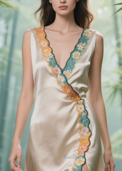 Fitted Champagne Patchwork Side Open Silk Day Dress Sleeveless