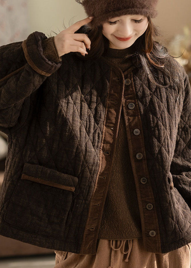 Fitted Coffee Oversized Patchwork Fine Cotton Filled Jacket Winter