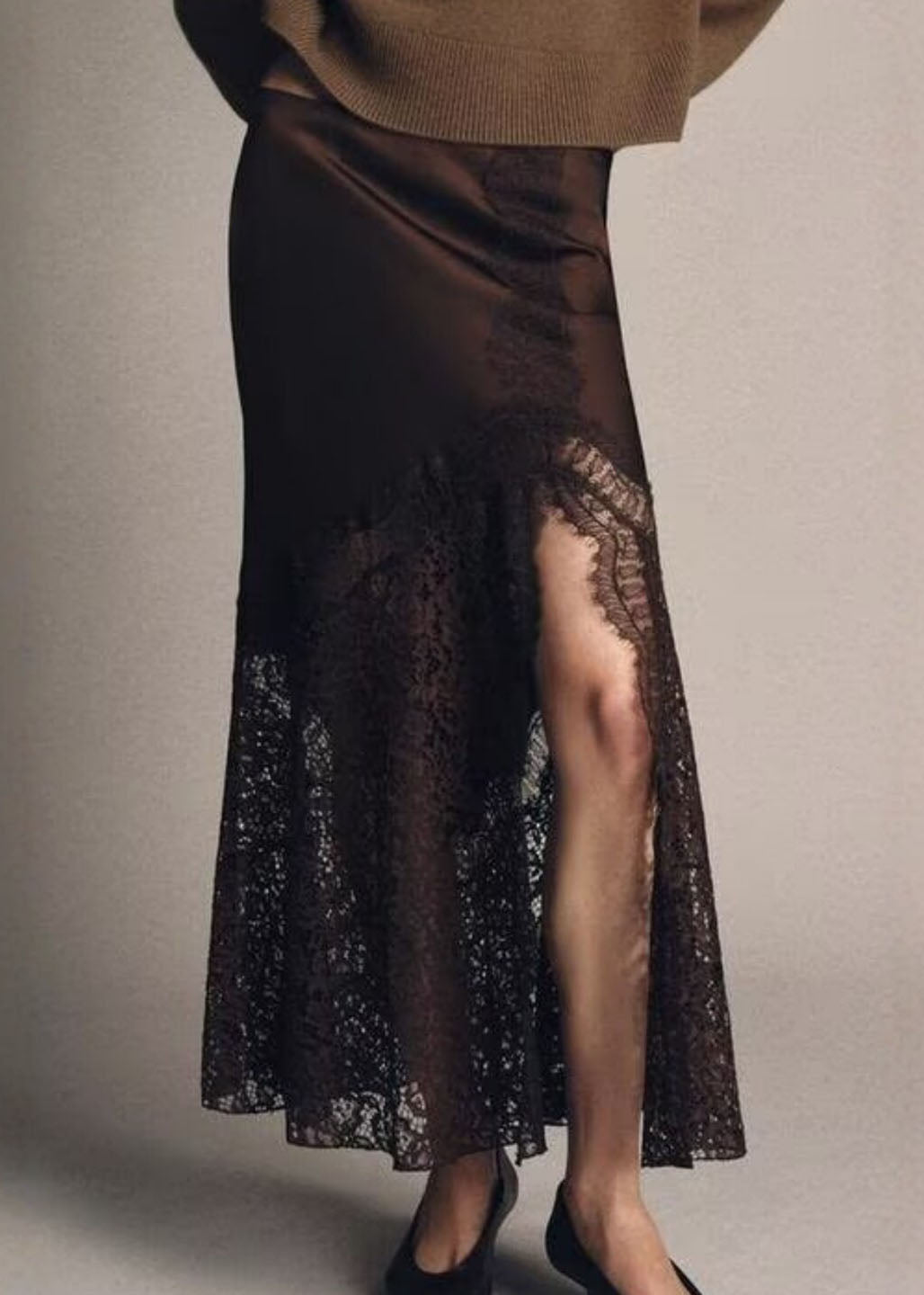 Fitted Coffee Side Open Lace Patchwork Silk Maxi Skirts Fall