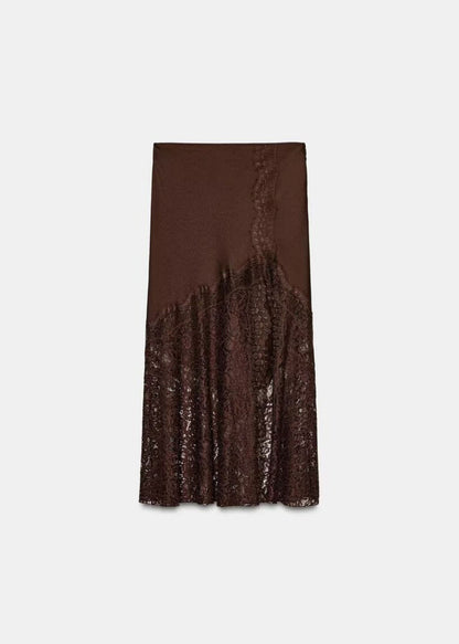 Fitted Coffee Side Open Lace Patchwork Silk Maxi Skirts Fall