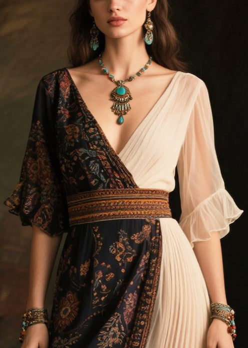 Fitted Colorblock Asymmetrical Patchwork Chiffon Pleated Dress Summer