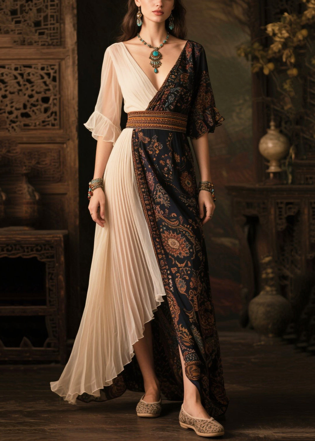 Fitted Colorblock Asymmetrical Patchwork Chiffon Pleated Dress Summer