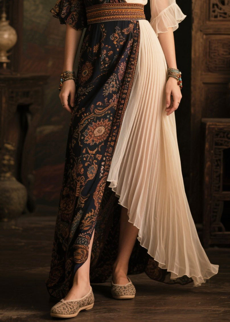 Fitted Colorblock Asymmetrical Patchwork Chiffon Pleated Dress Summer