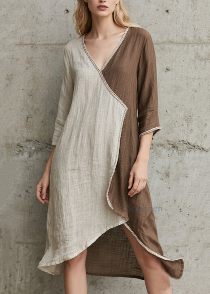 Fitted Colorblock Asymmetrical Patchwork Cotton Holiday Dress Bracelet Sleeve