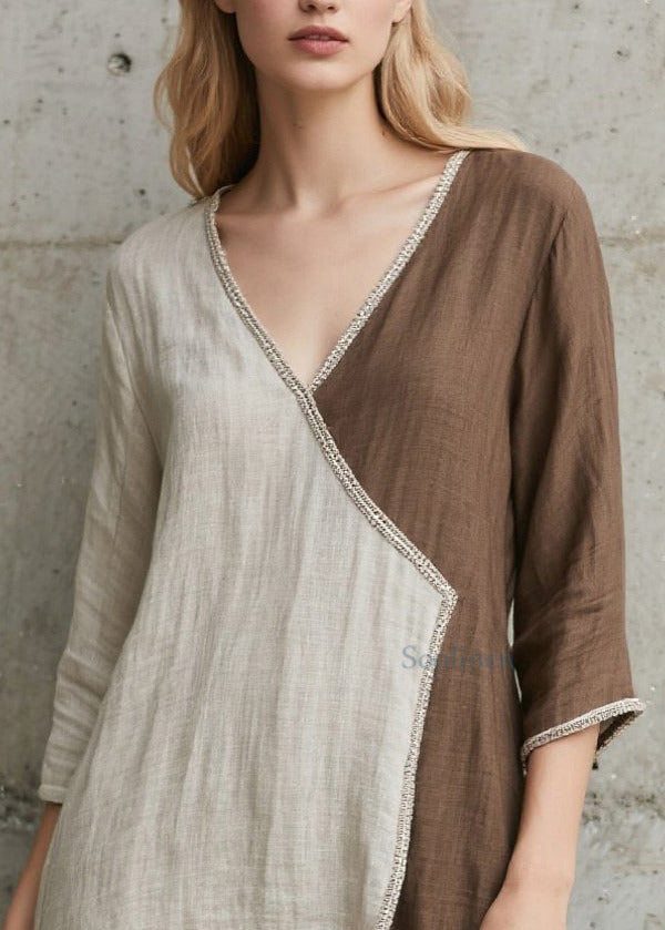 Fitted Colorblock Asymmetrical Patchwork Cotton Holiday Dress Bracelet Sleeve