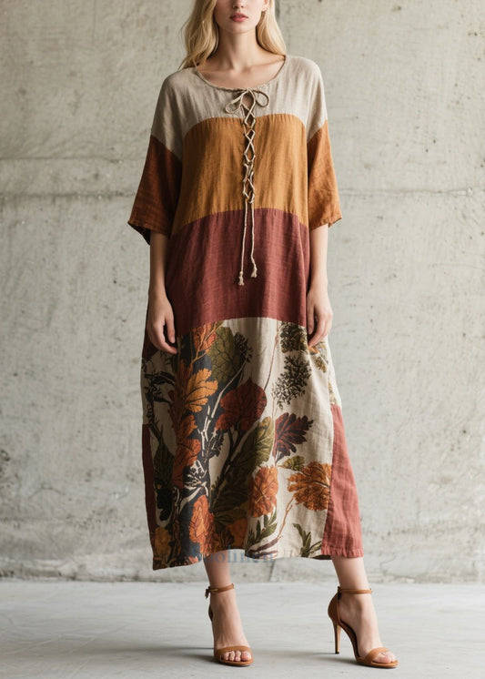 Fitted Colorblock Cross Strap Print Cotton Robe Dress Summer