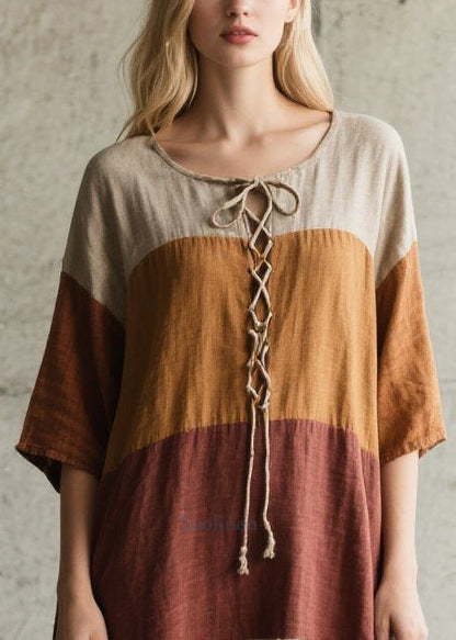 Fitted Colorblock Cross Strap Print Cotton Robe Dress Summer