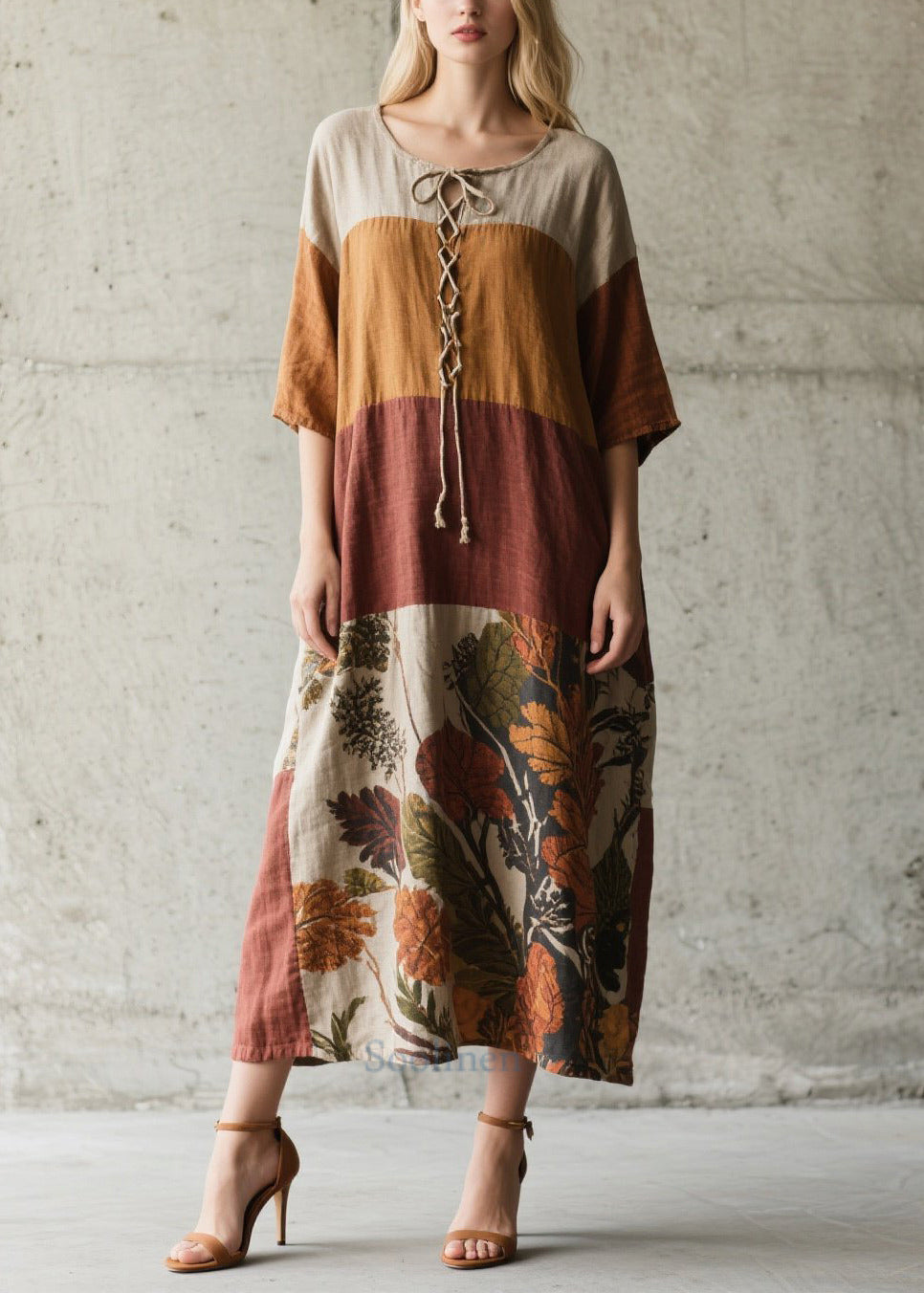 Fitted Colorblock Cross Strap Print Cotton Robe Dress Summer