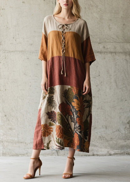 Fitted Colorblock Cross Strap Print Cotton Robe Dress Summer