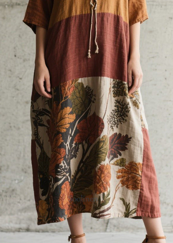 Fitted Colorblock Cross Strap Print Cotton Robe Dress Summer