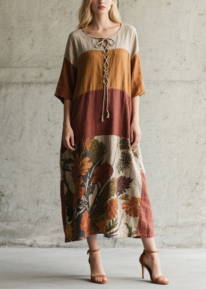 Fitted Colorblock Cross Strap Print Cotton Robe Dress Summer