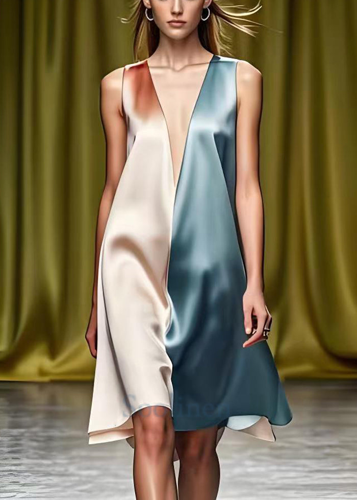 Fitted Colorblock Deep-V Neck Patchwork Silk Mid Dress Summer