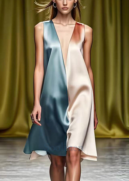 Fitted Colorblock Deep-V Neck Patchwork Silk Mid Dress Summer
