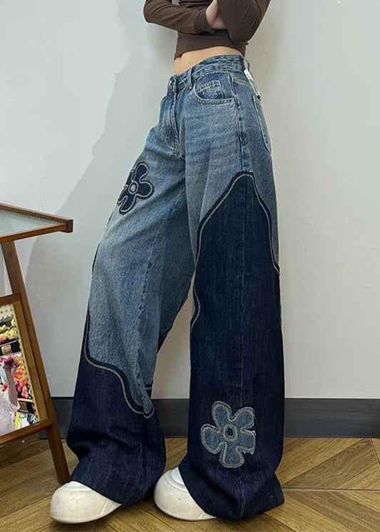 Fitted Colorblock Embroidered Floral Denim Straight Pants Spring