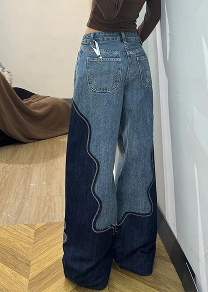 Fitted Colorblock Embroidered Floral Denim Straight Pants Spring