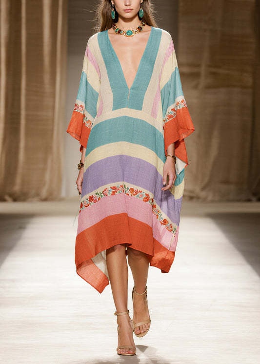 Fitted Colorblock Oversized Print Cotton Maxi Dresses Summer