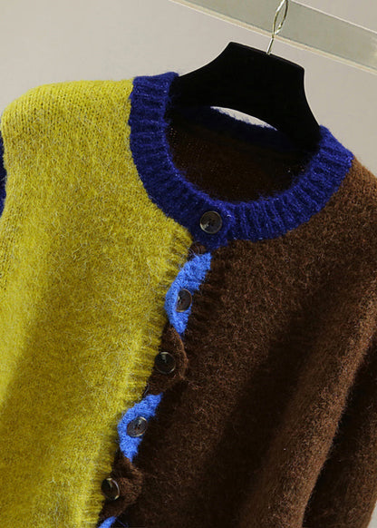 Fitted Colorblock Ruffled Button Thick Cotton Knit Sweater Winter