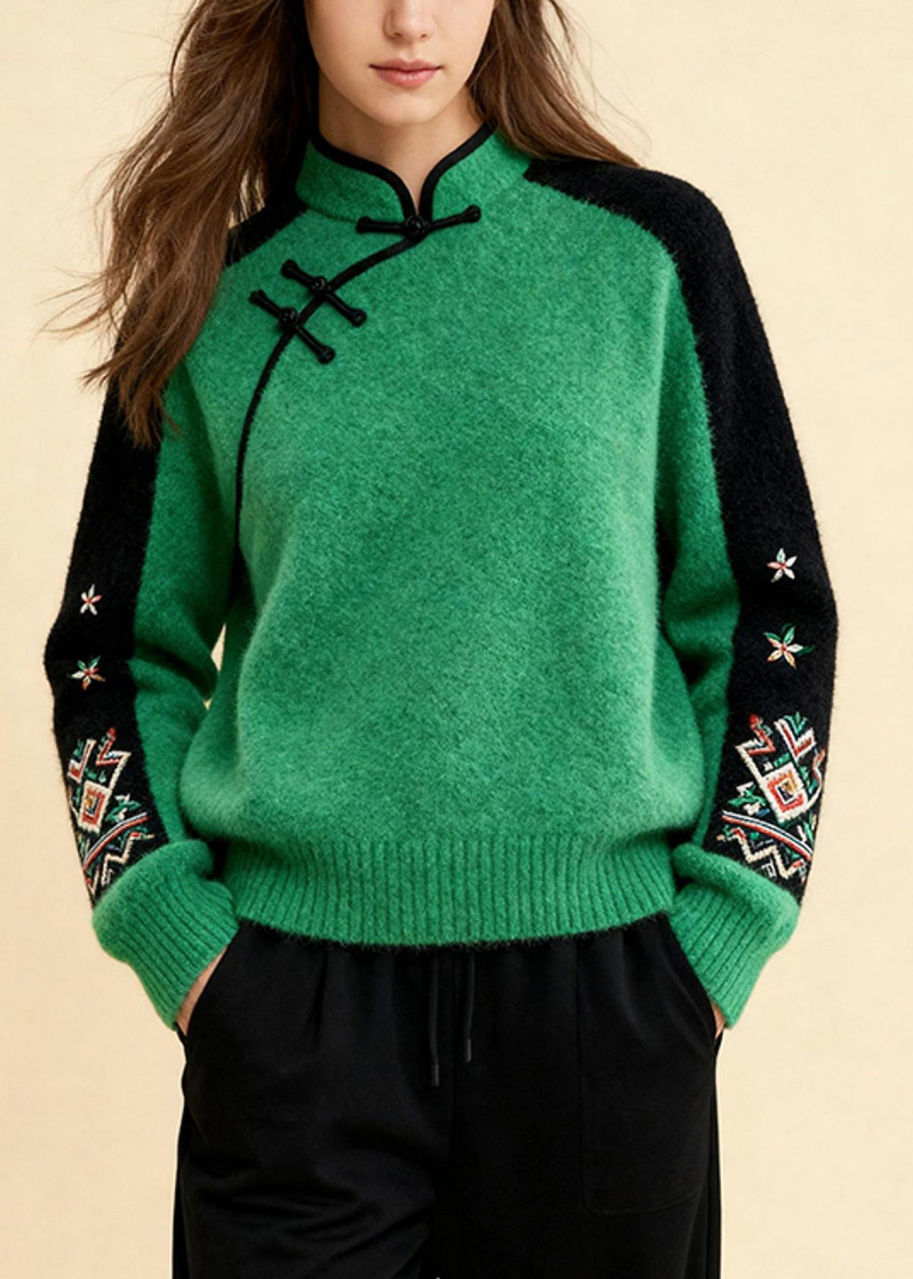 Fitted Colorblock Stand Collar Print Cotton Knit Sweater Spring