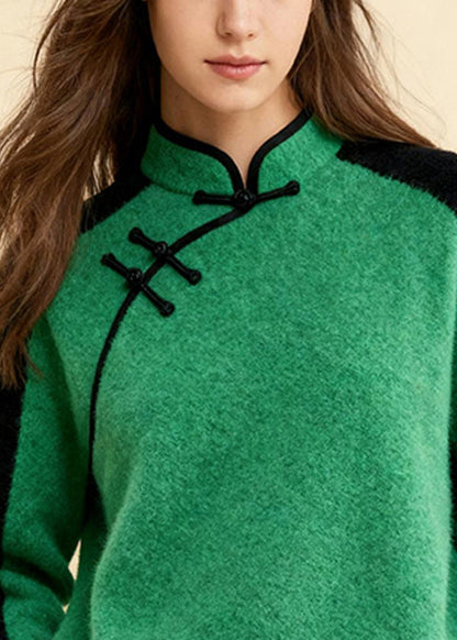 Fitted Colorblock Stand Collar Print Cotton Knit Sweater Spring