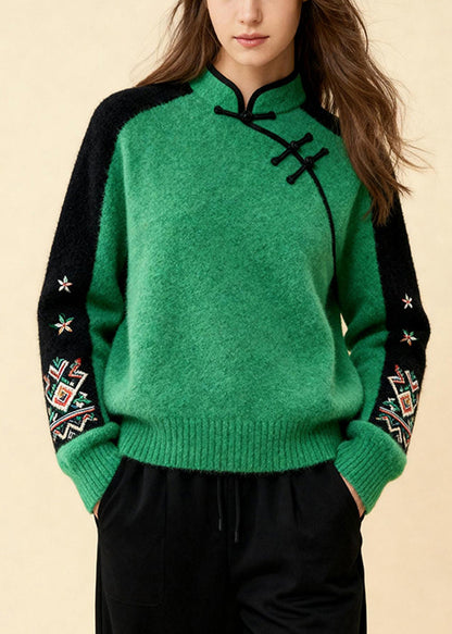 Fitted Colorblock Stand Collar Print Cotton Knit Sweater Spring