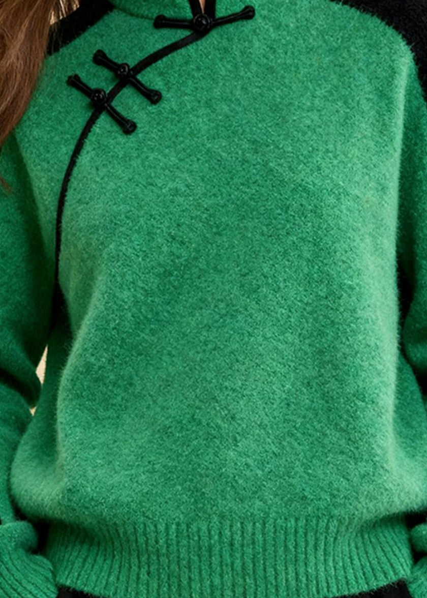 Fitted Colorblock Stand Collar Print Cotton Knit Sweater Spring