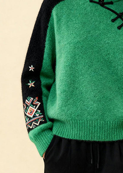 Fitted Colorblock Stand Collar Print Cotton Knit Sweater Spring