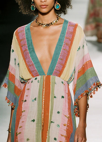 Fitted Colorblock V Neck Print Cotton Mini Dress Summer