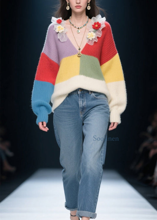 Fitted Colorblock V Neck Ruffled Floral Knit Pullover Fall