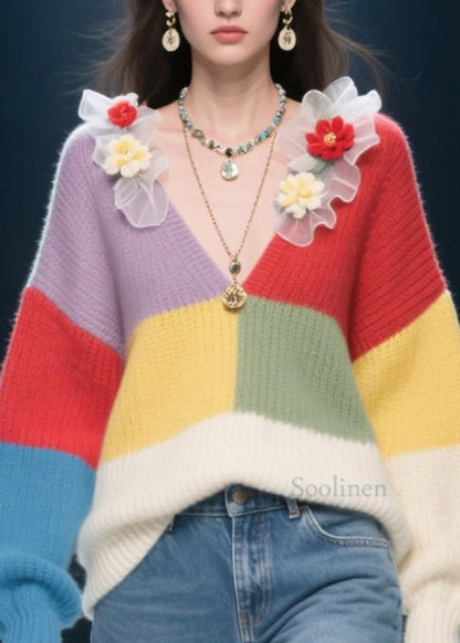 Fitted Colorblock V Neck Ruffled Floral Knit Pullover Fall