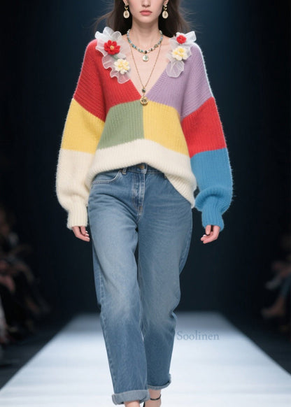 Fitted Colorblock V Neck Ruffled Floral Knit Pullover Fall