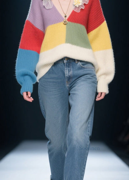 Fitted Colorblock V Neck Ruffled Floral Knit Pullover Fall