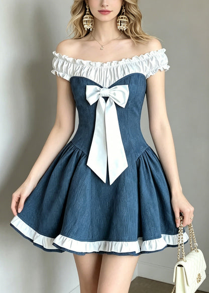 Fitted Denim Blue Cold Shoulder Patchwork Cotton Mini Dress Summer
