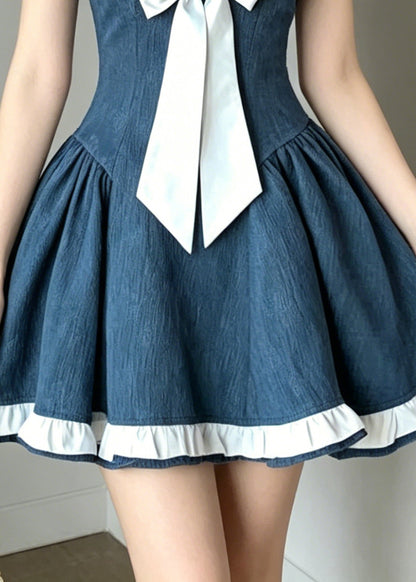 Fitted Denim Blue Cold Shoulder Patchwork Cotton Mini Dress Summer