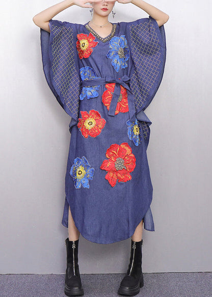 Fitted Denim Blue Floral Nail Bead Maxi Dresses Batwing Sleeve
